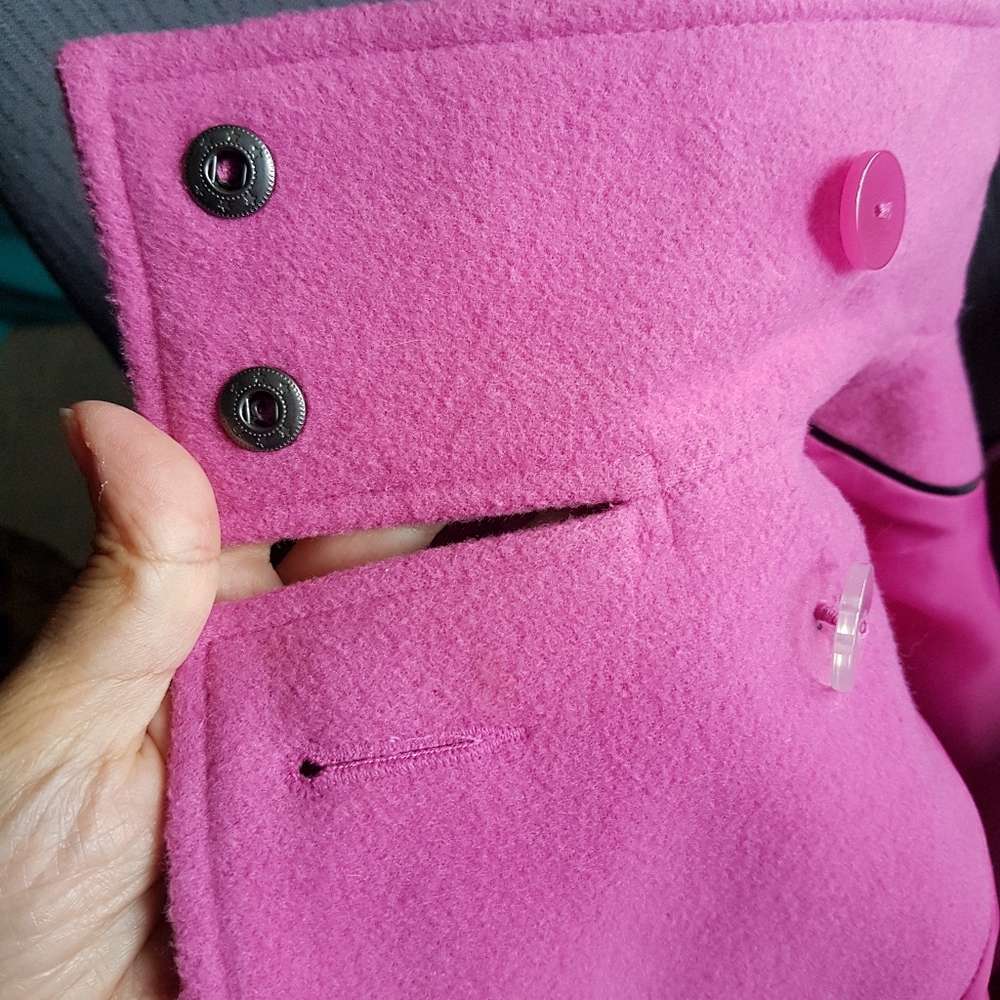 Fuchsia Pink Double Breasted Pea Coat with Black Buttons from London - Picture 15 of 17